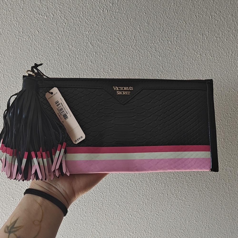 Victoria's Secret Black and Pink Wristlet with Tassel